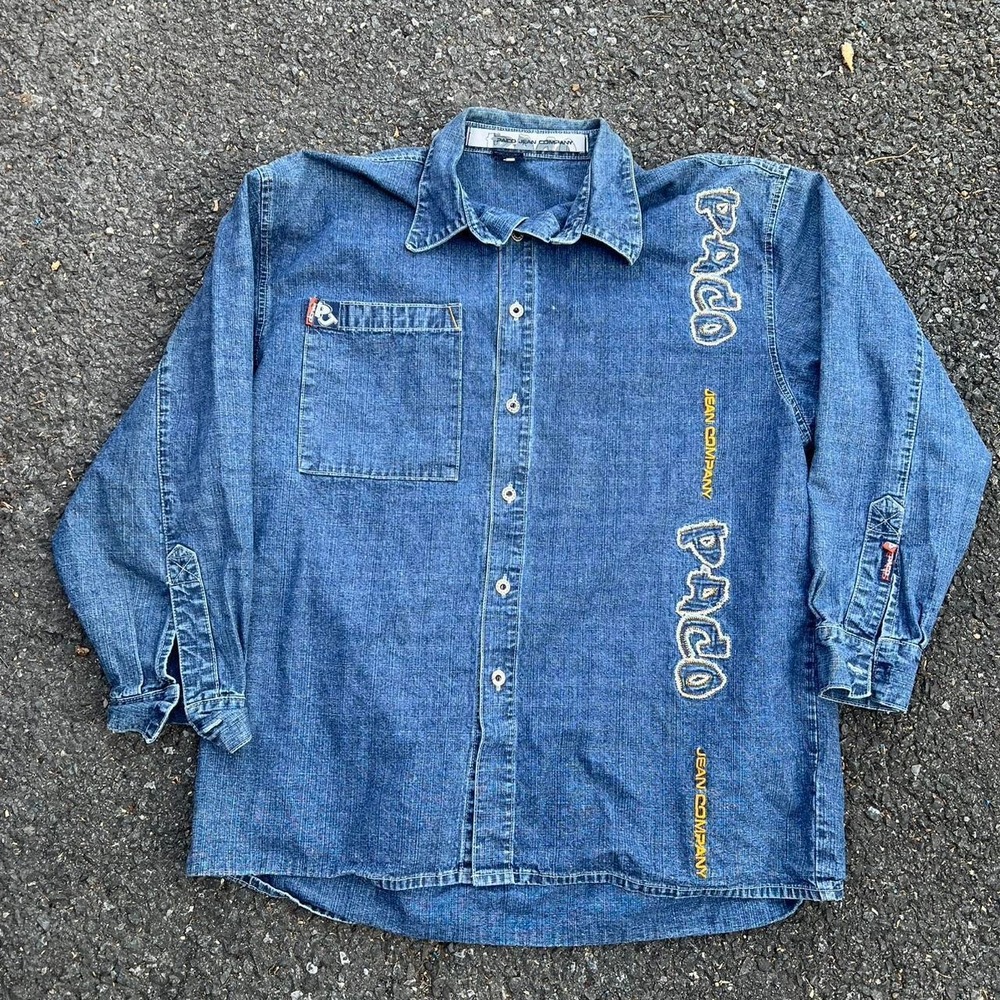 Vintage 1990s Paco Jean Co. longsleeve embroidered logo button down denim shirt